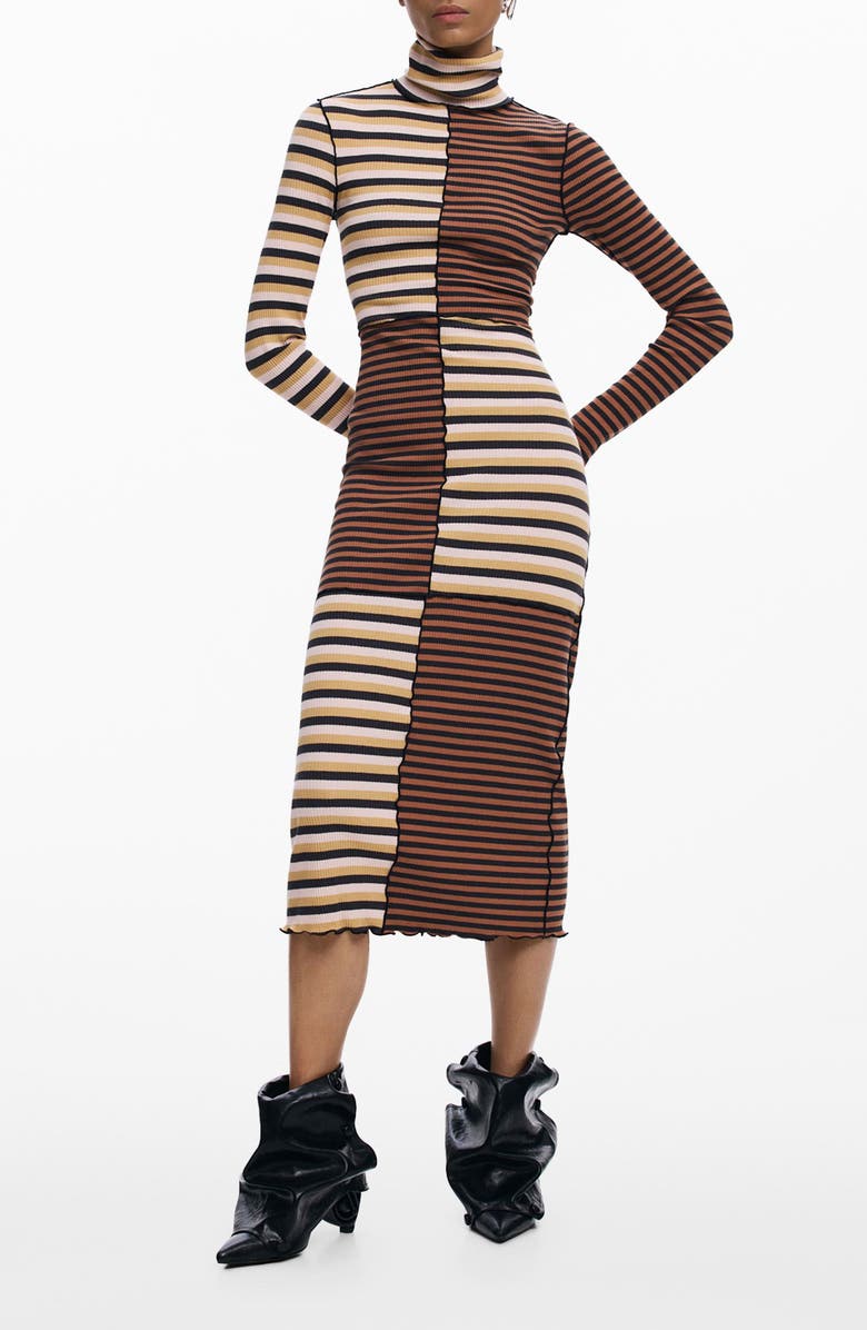 Desigual Colorblock Stripe Rib Turtleneck Long Sleeve Dress, Main, color, Brown