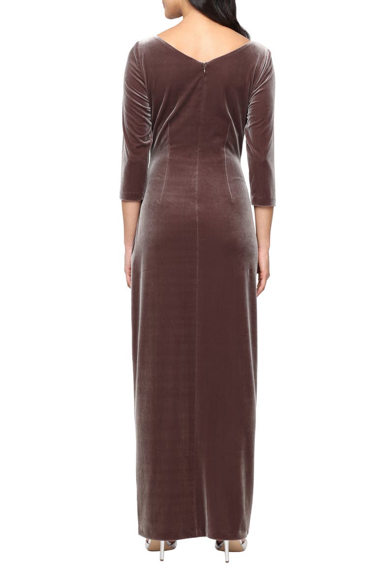 Ruched Three-Quarter Sleeve Velvet Gown, Alternate, color, MINK