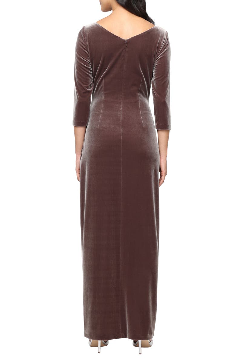 Alex Evenings Ruched Three-Quarter Sleeve Velvet Gown, Alternate, color, Mink