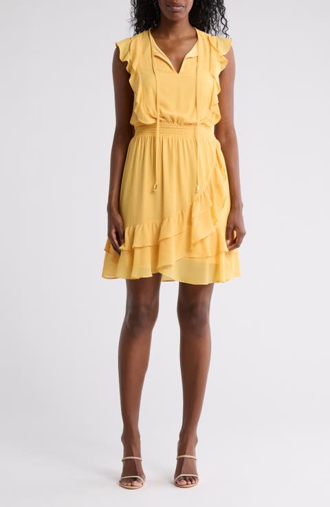 Ruffle Smocked Waist Chiffon Fit & Flare Dress