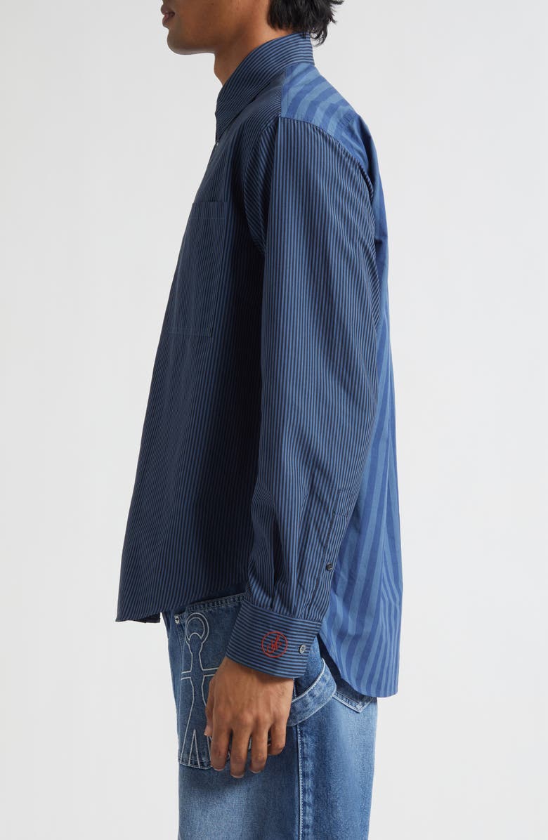 JW Anderson Patchwork Stripe Cotton Button-Up Shirt, Alternate, color, Navy