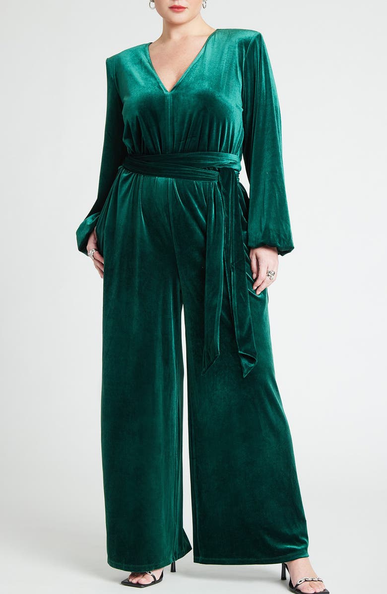 ELOQUII Tie Belt Wide Leg Velvet Jumpsuit, Main, color, 