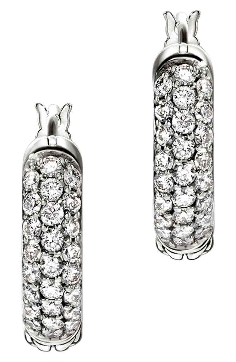John Hardy JH Essential Hoop Earrings, Sterling Silver, Diamonds, 13mm, Main, color, Silver/Diamond
