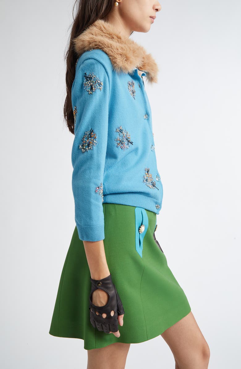 Valentino Garavani Embroidered Wool Cardigan with Removable Faux Fur Collar, Alternate, color, Blue