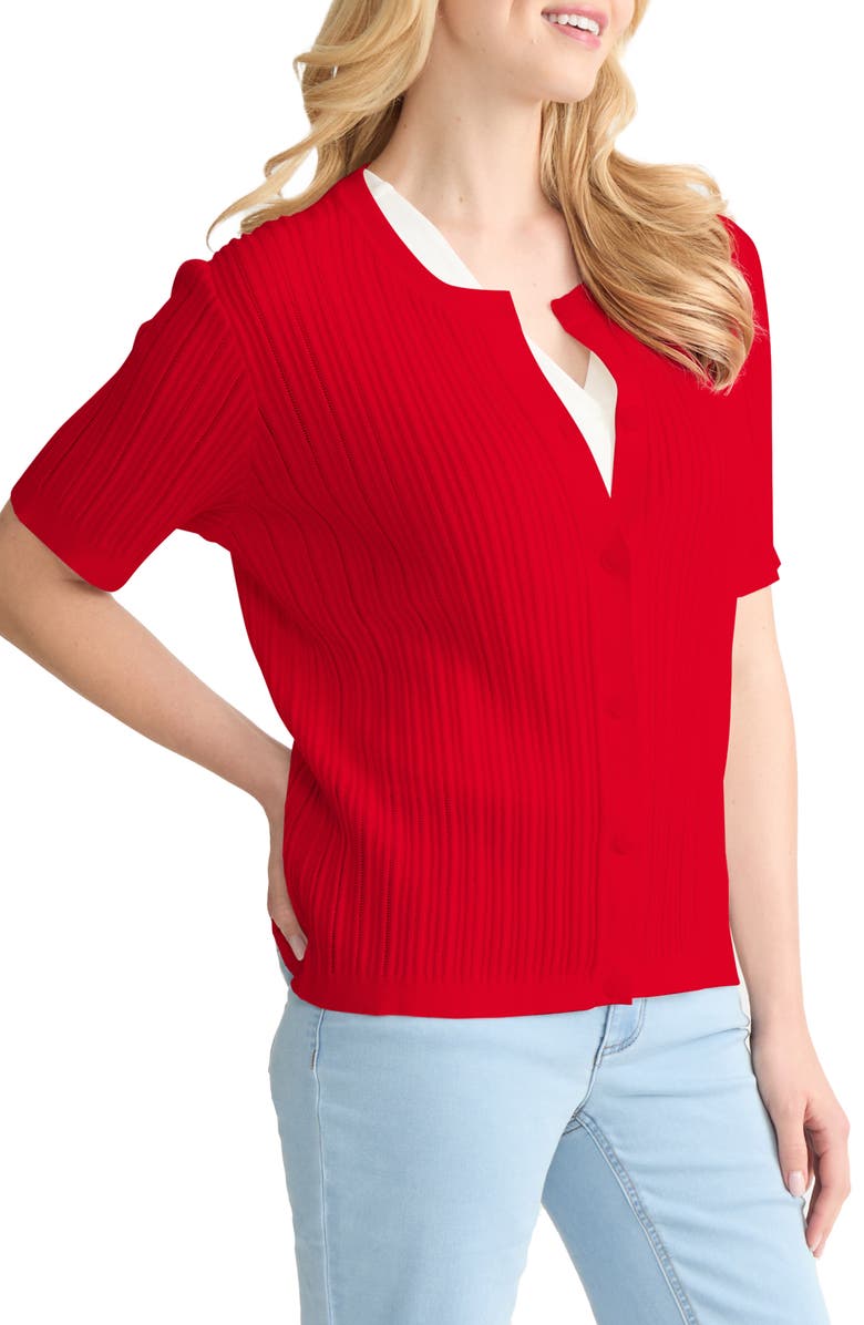 Jones New York Rib Short Sleeve Cardigan, Alternate, color, Rouge