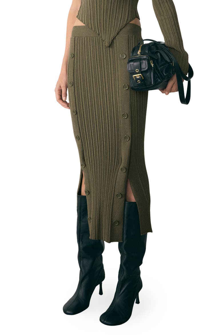 Side Button Rib Sweater Skirt, Main, color, KHAKI GREEN