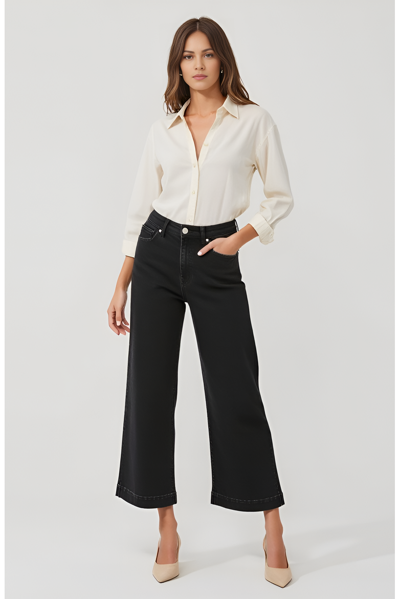 High Waist Wide-Leg Cropped Jeans with Clean Hem, Alternate, color, Black