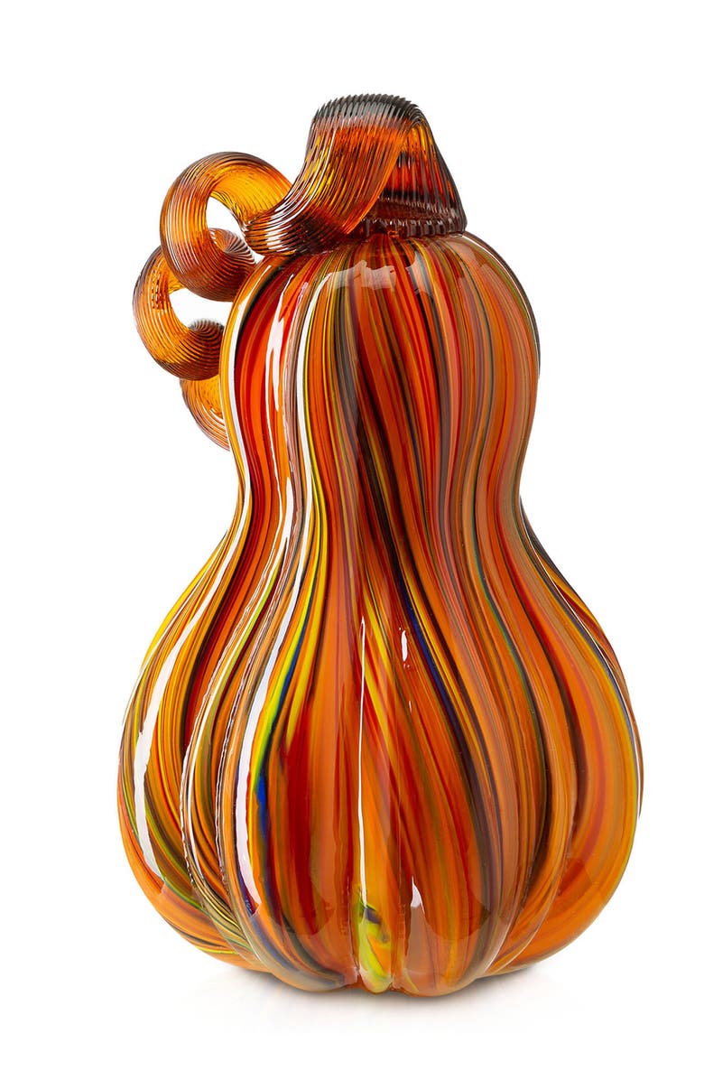 Glitzhome Fall Multi Stripes Glass Gourd Pumpkins, Alternate, color, Brown