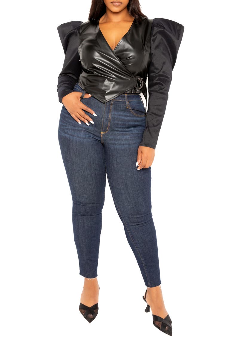 Exaggerated Shoulder Faux Leather Wrap Top, Alternate, color, BLACK