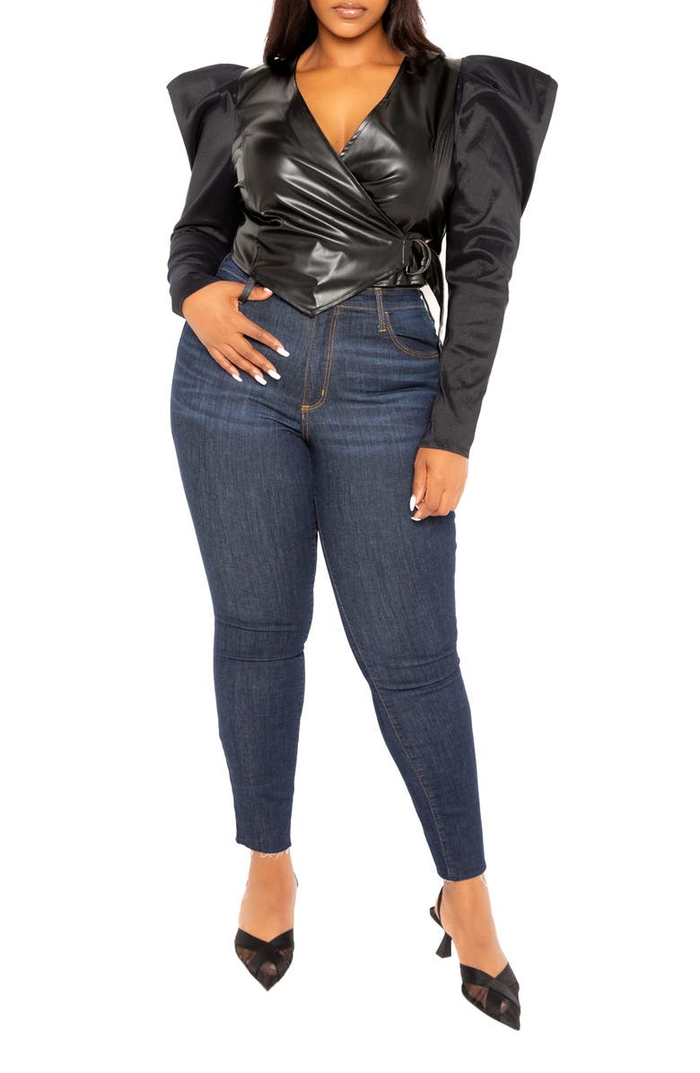 BUXOM COUTURE Exaggerated Shoulder Faux Leather Wrap Top, Alternate, color, 