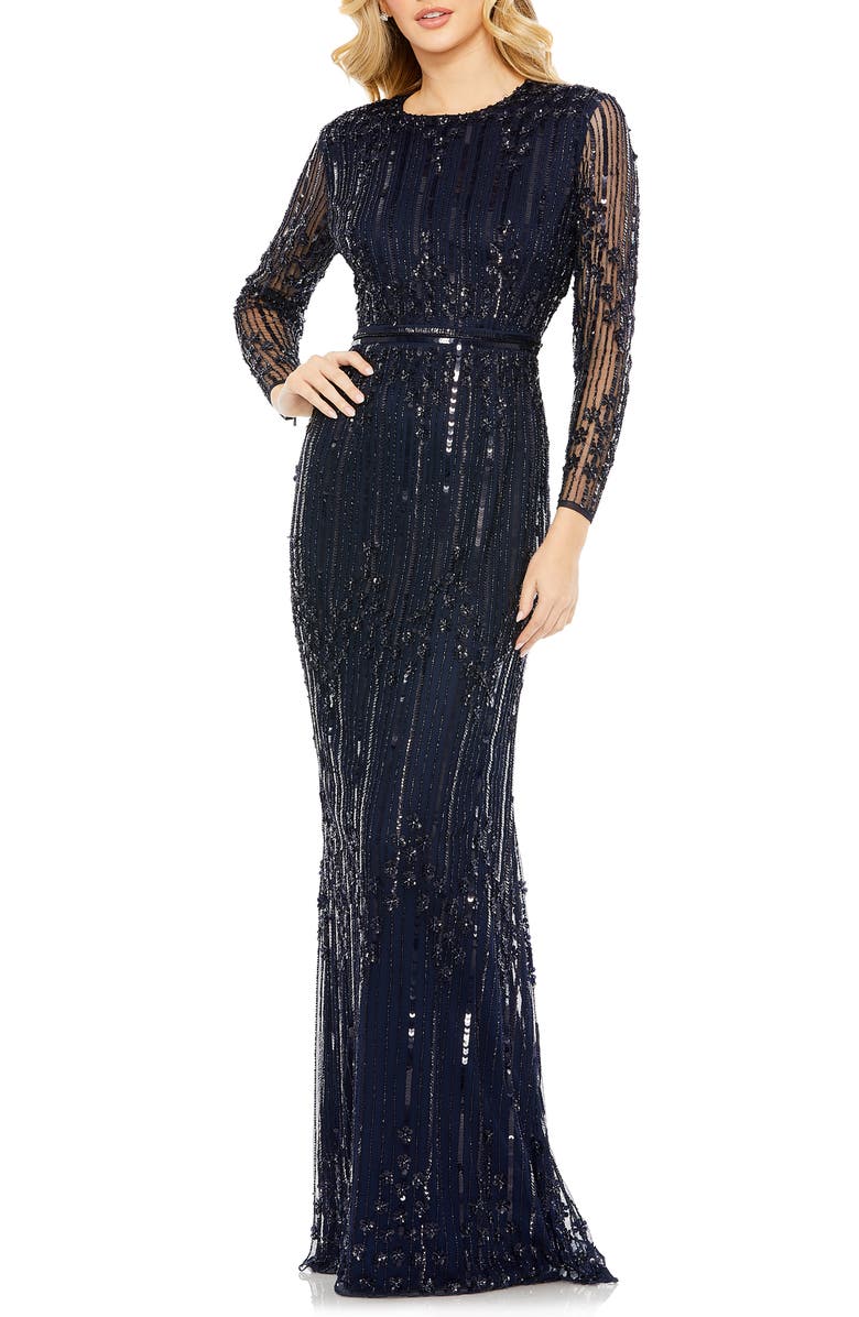 Mac Duggal Sequin Stripe Long Sleeve Column Gown, Main, color,