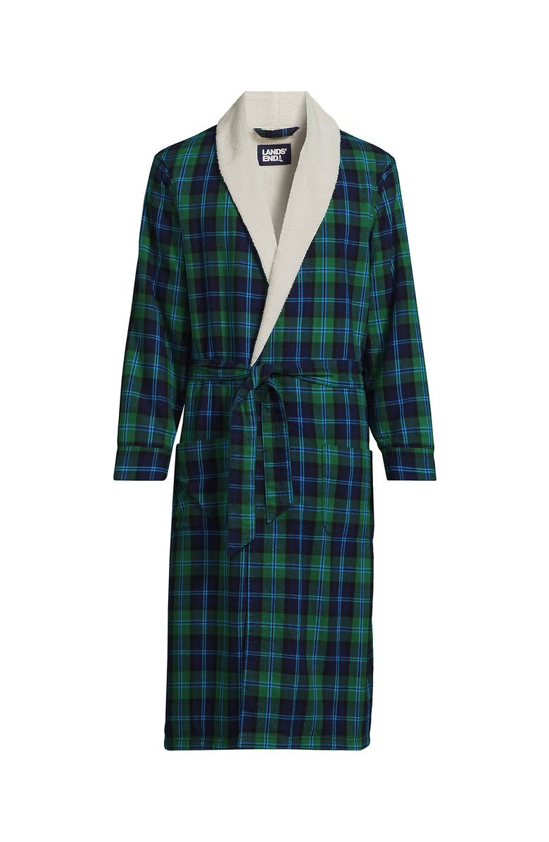 Lands' End High Pile Fleece Lined Flannel Robe, Alternate, color, Light Emerald Blackwatch