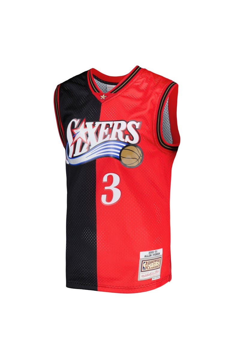 Mitchell & Ness Men's Mitchell & Ness Allen Iverson Black/Red Philadelphia 76ers Hardwood Classics 2000/01 Split Swingman Jersey, Alternate, color, 