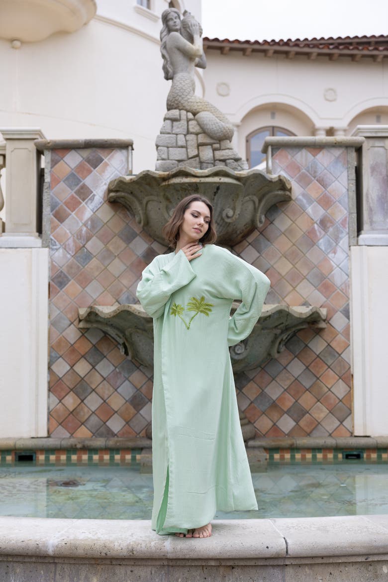 Palm Embroidered Silk Kaftan, Alternate, color, Green
