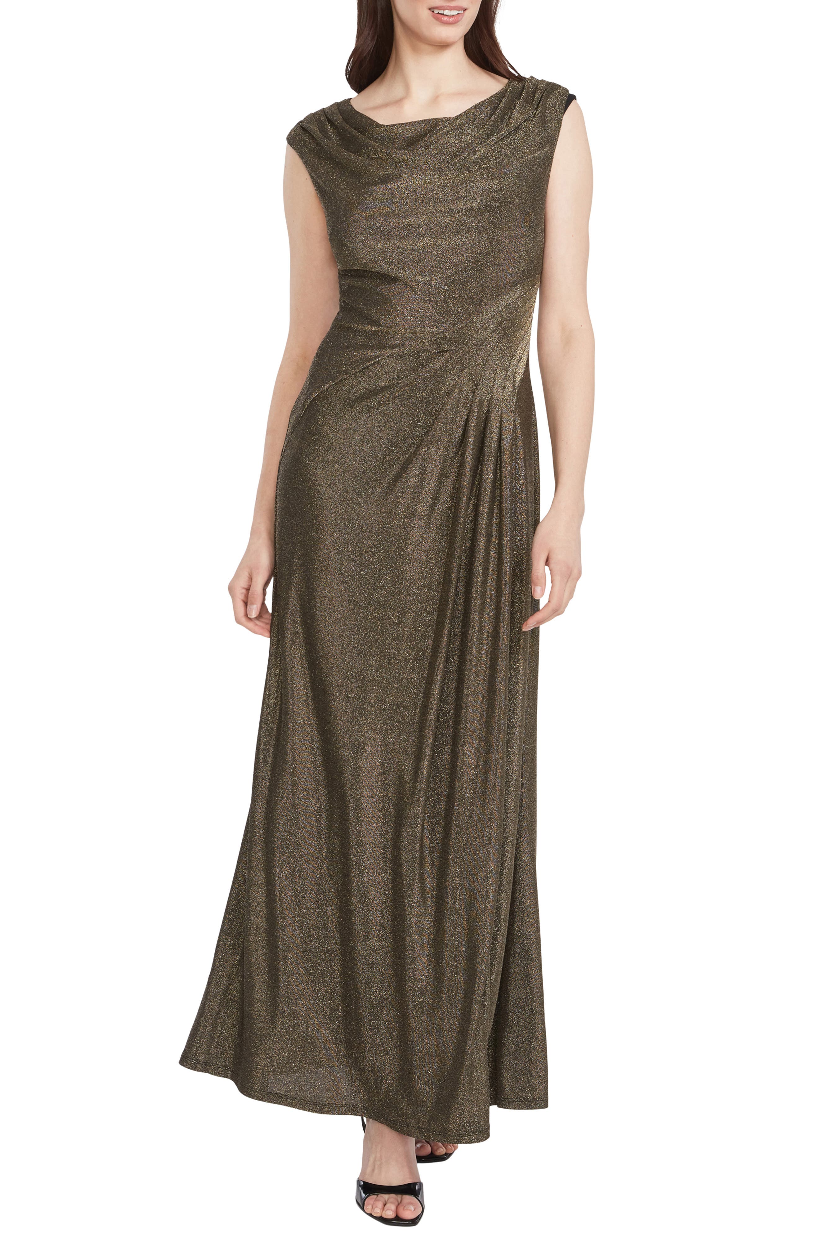 Maggy London Metallic Cowl Neck Cap Sleeve Maxi Dress