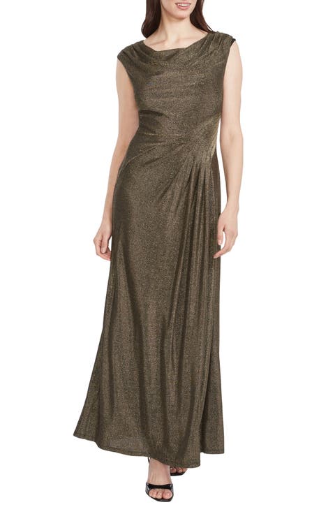 Metallic Cowl Neck Cap Sleeve Maxi Dress