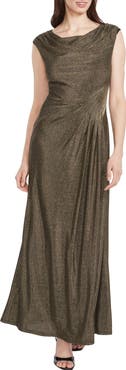Maggy London Metallic Cowl Neck Cap Sleeve Maxi Dress