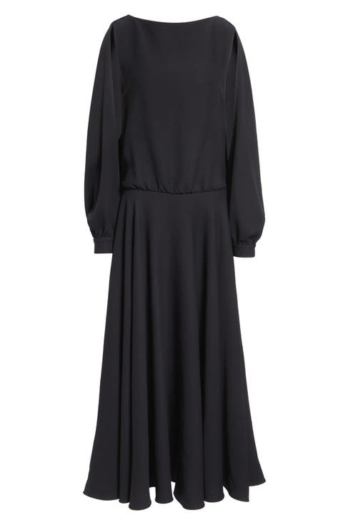 Long Sleeve Silk & Wool Crepe Balloon Dress