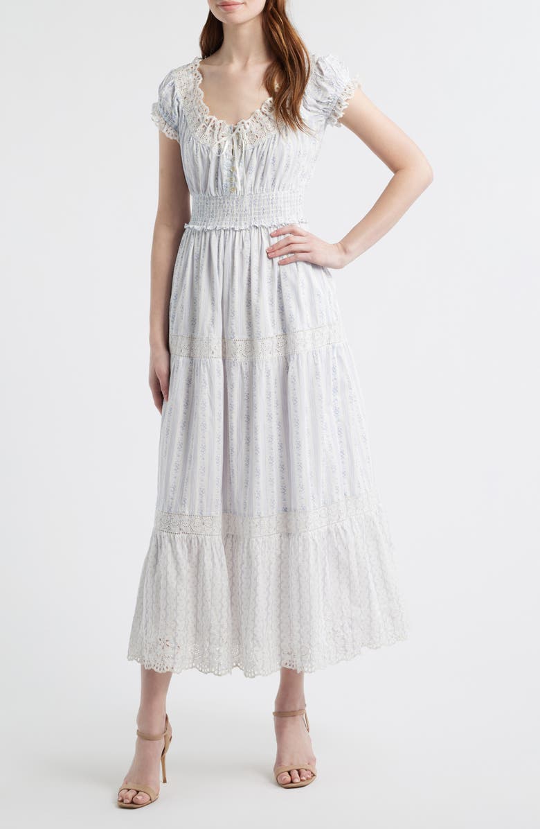 LoveShackFancy Emie Floral Smock Waist Cotton Dress, Main, color, Sky Bonnet Blue