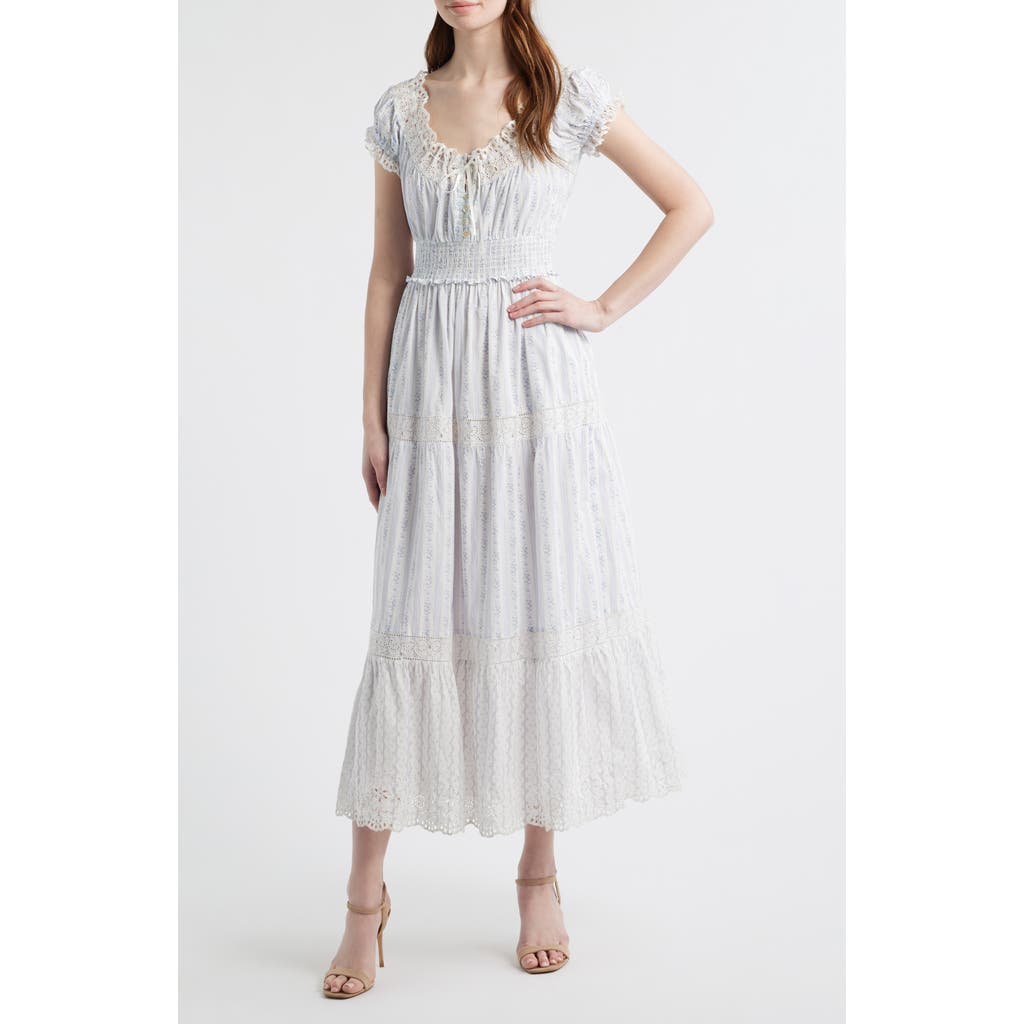 LoveShackFancy Emie Floral Smock Waist Cotton Dress in Sky Bonnet Blue at Nordstrom, Size Large