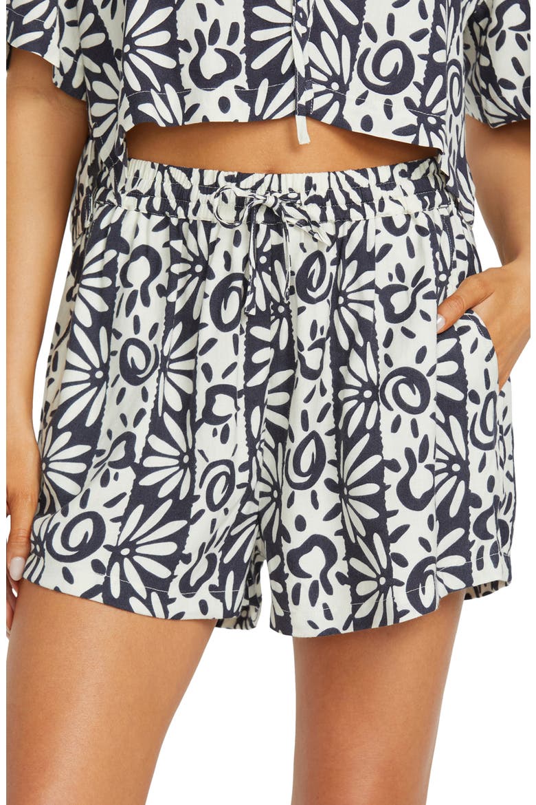Sunflower Print Poplin Drawstring Shorts, Alternate, color, BLACK SANDS