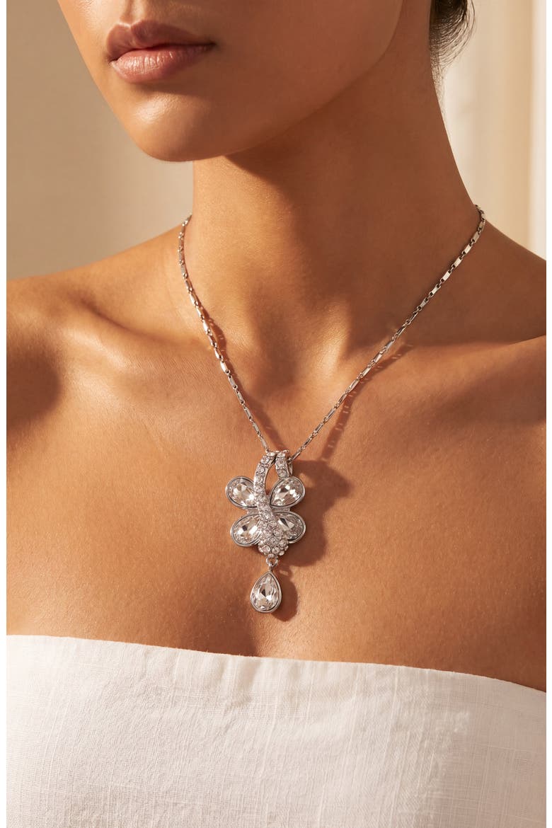 Butterfly Crystal Drop Pendant Necklace, Alternate, color, Silver