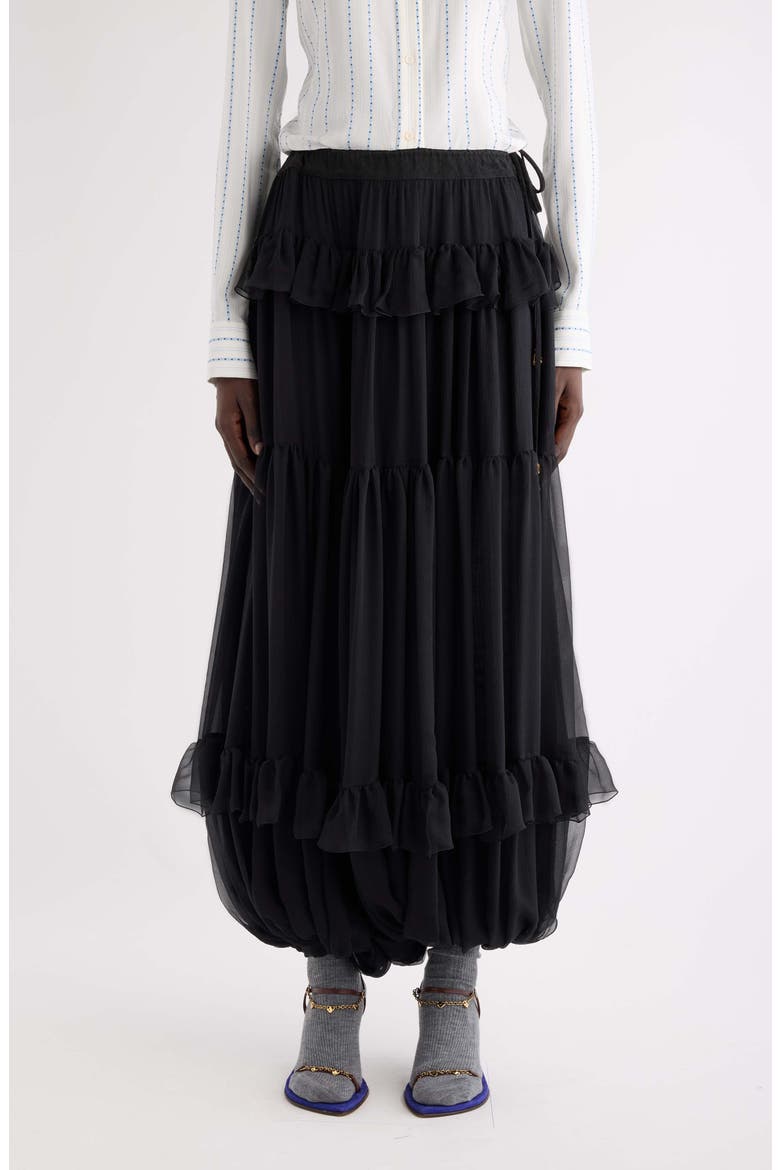 Ruffle Tiered Silk Mousseline Bubble Skirt, Main, color, BLACK