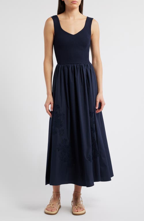 Moon River Sleeveless Mixed Media Midi Dress In Navy