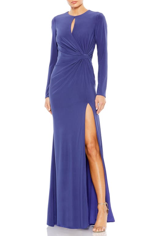 Mac Duggal Long Sleeve Keyhole Draped Gown In Indigo