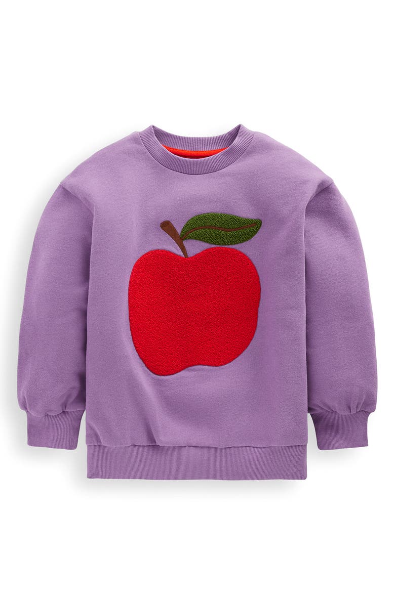 Mini Boden Kids' Apple Appliqué Cotton Graphic Sweatshirt, Main, color, Aster Purple Apple