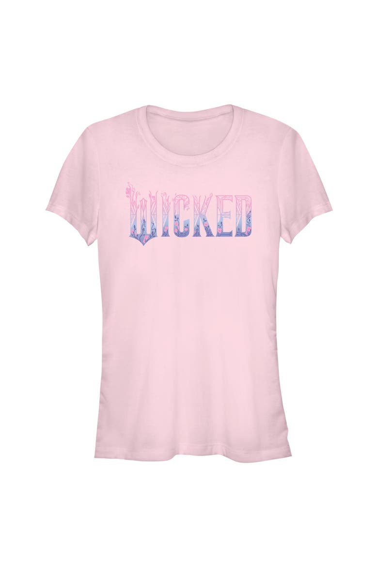 Junior's Wicked For Good Floral Pink and Purple Logo  Graphic T-Shirt, Main, color, Light Pink