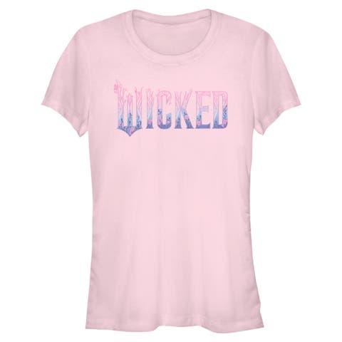 Junior's Wicked For Good Floral Pink and Purple Logo  Graphic T-Shirt