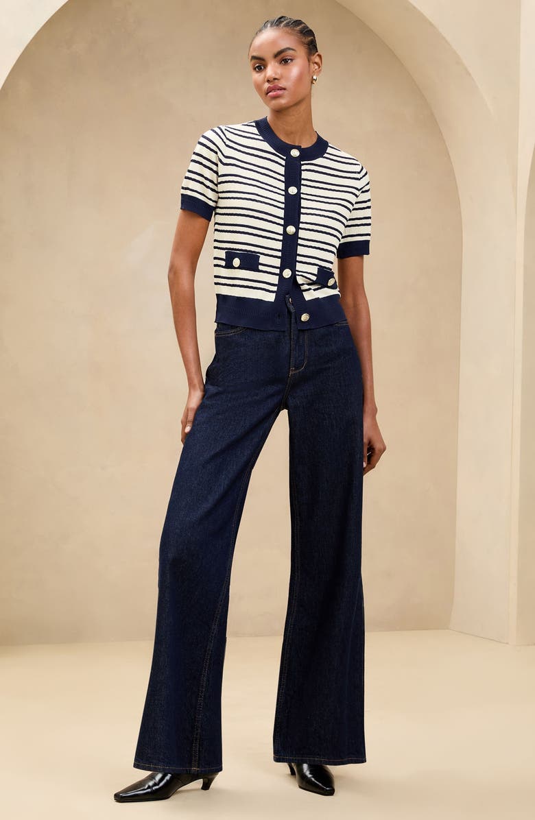 Lipsy Stripe Short Sleeve Cardigan, Alternate, color,