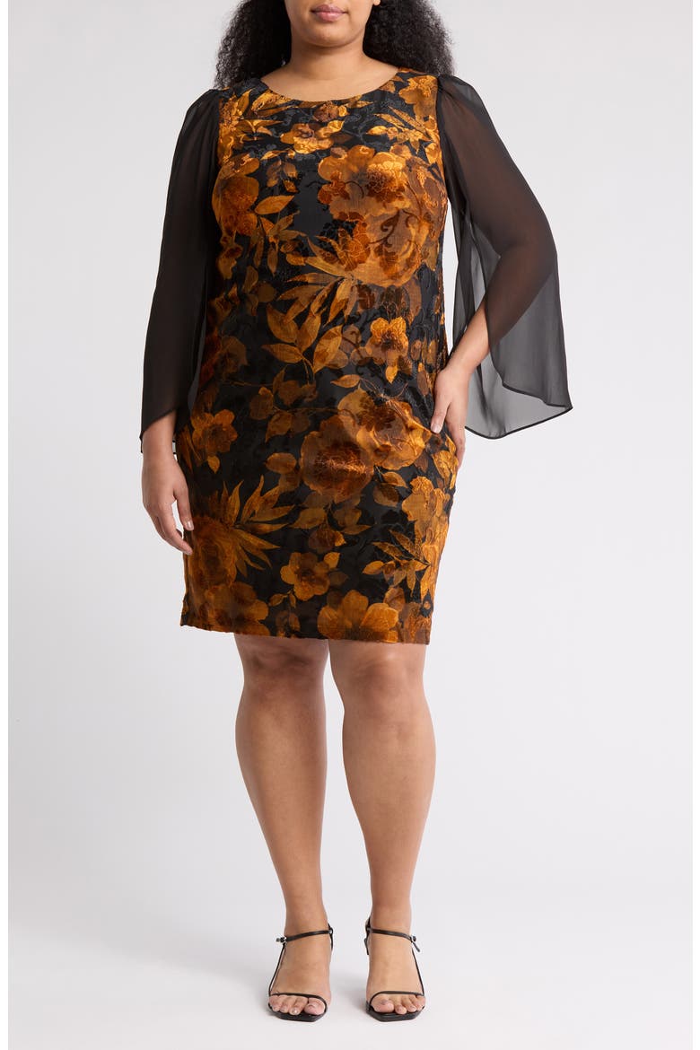Long Sleeve Velvet Burnout Dress, Main, color, MUSTARD