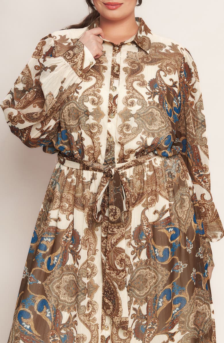 FLYING TOMATO Filigree Midi Shirtdress, Alternate, color, Cream Brown