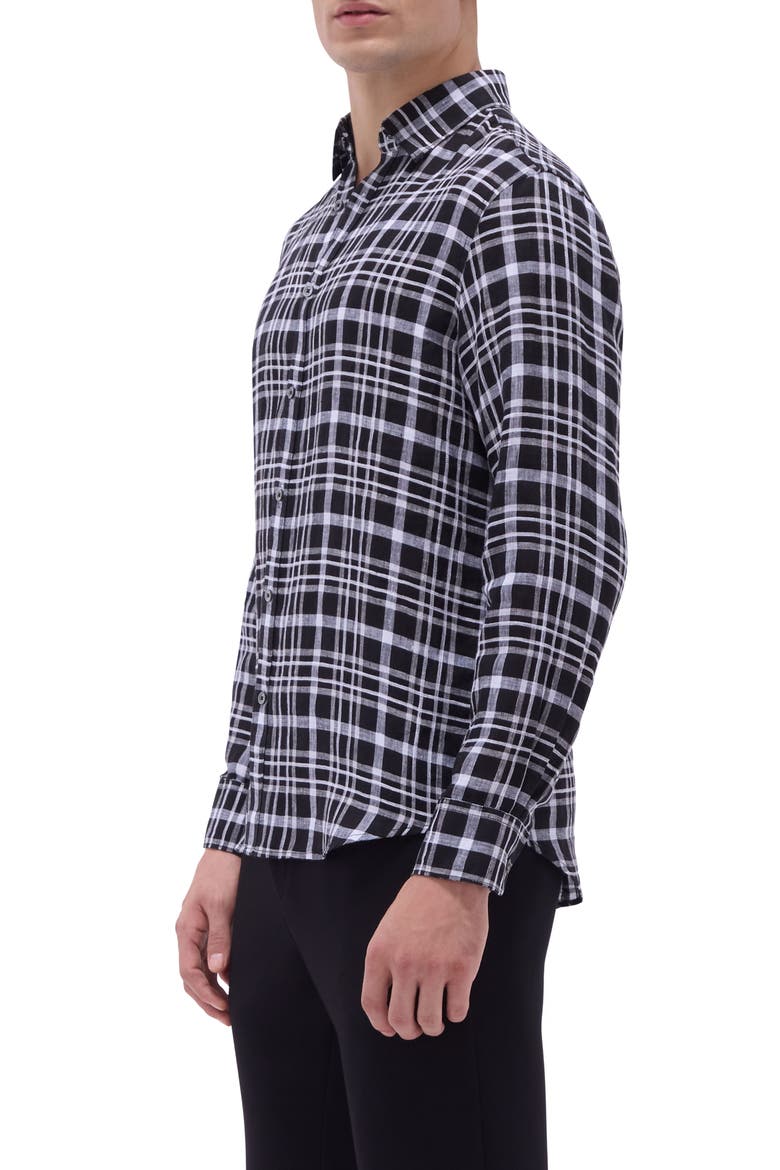 Julian Plaid Linen Button-Up Shirt, Alternate, color, BLACK