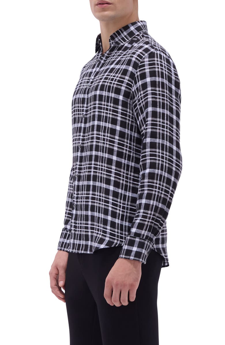 Bugatchi Julian Plaid Linen Button-Up Shirt, Alternate, color, Black