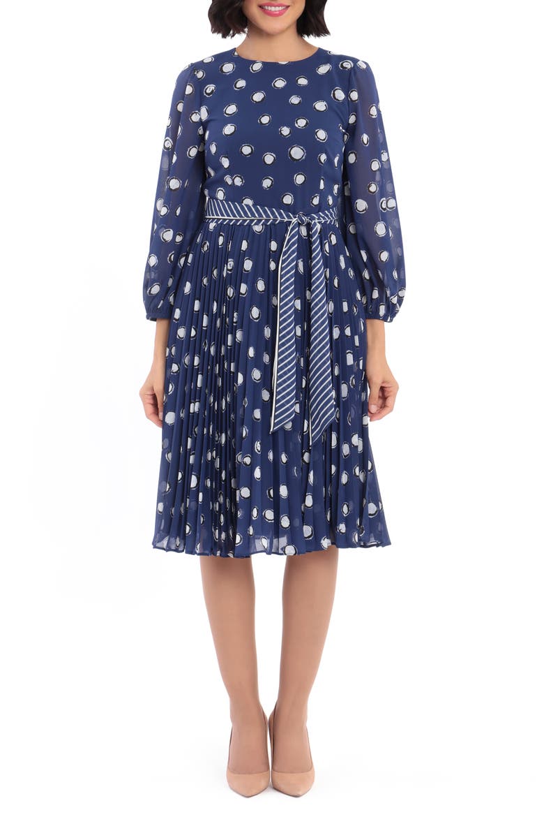 Dot Print Long Sleeve Pleated Midi Dress, Main, color, NAVY/ SOFT WHITE