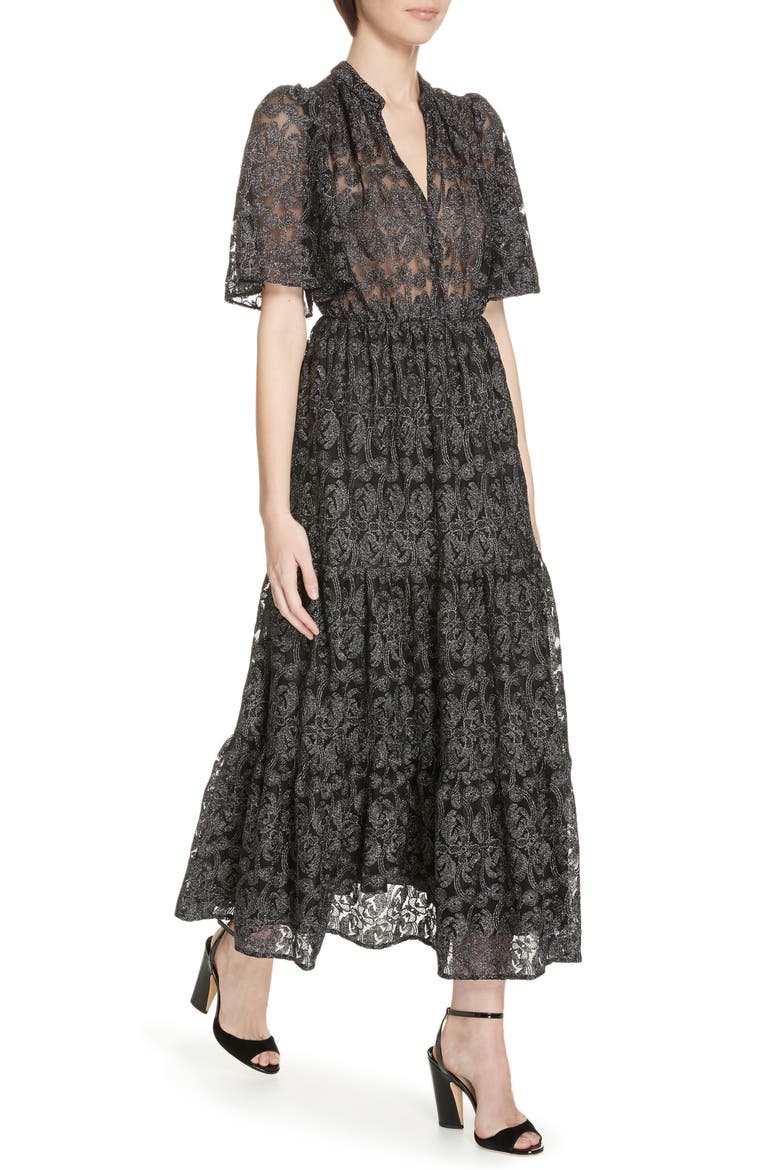 metallic embroidered midi dress, Alternate, color, BLACK
