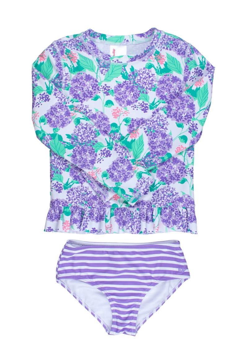 Long Sleeve Rash Guard 2-Piece Bikini Swimsuit, Main, color, Purple Hydrangea Garden