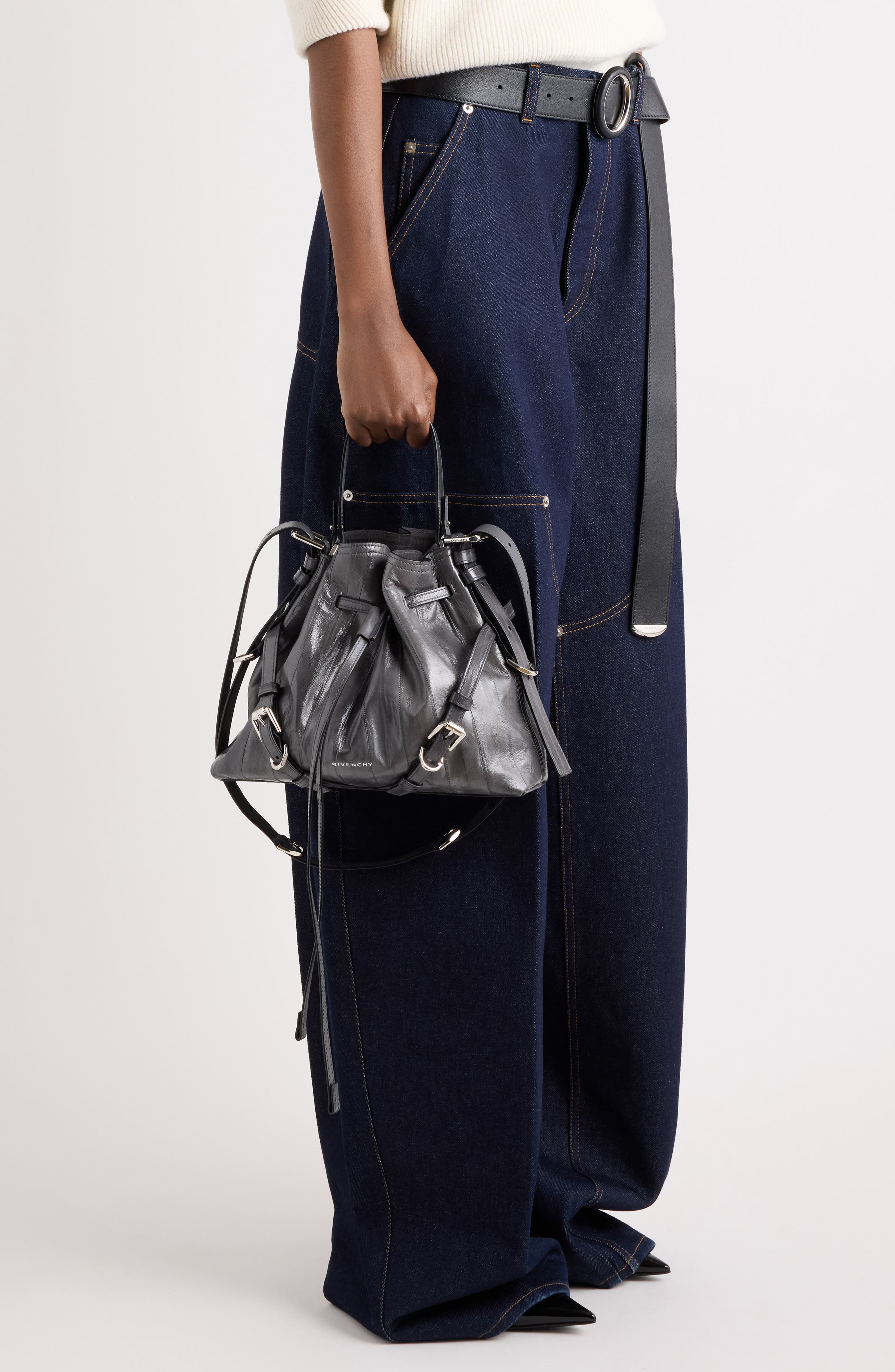 Small Voyou Eel Skin Bucket Bag, Alternate, color, DARK GREY