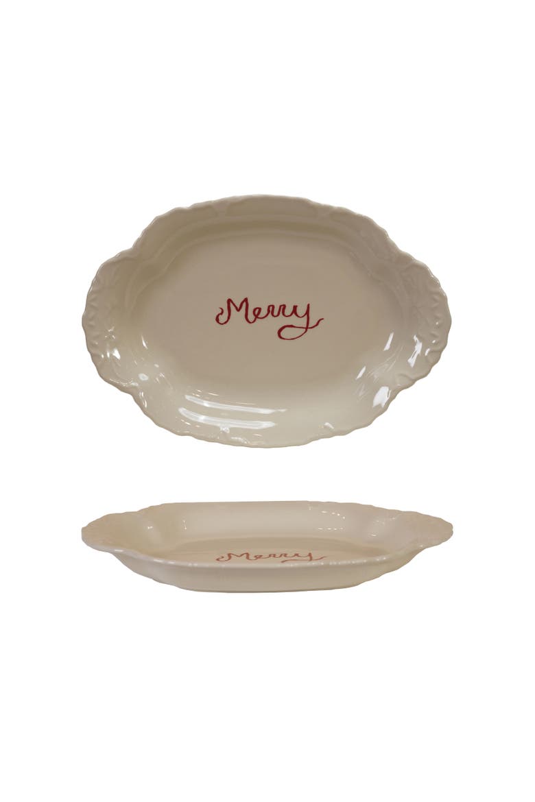 Stoneware Scalloped Platter with Embossed Edge "Merry", Main, color, Cream Color and Red