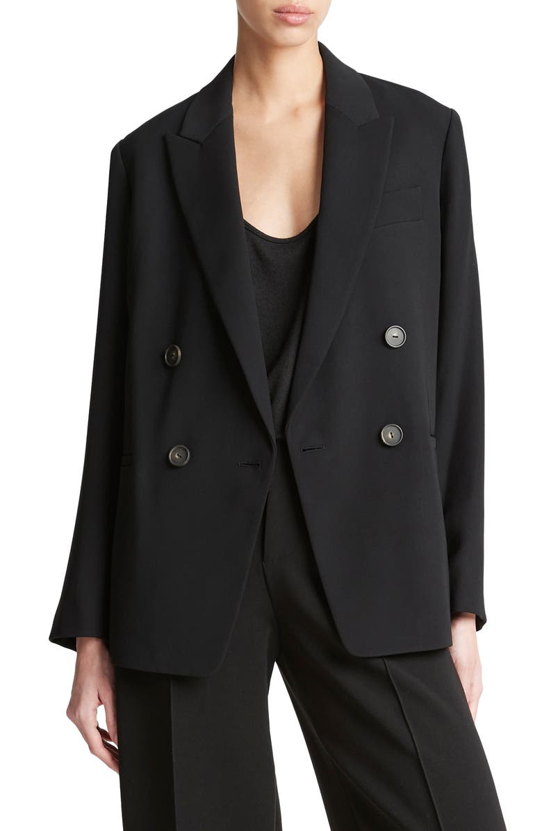 Vince Double Breasted Crepe Blazer, Main, color, Black