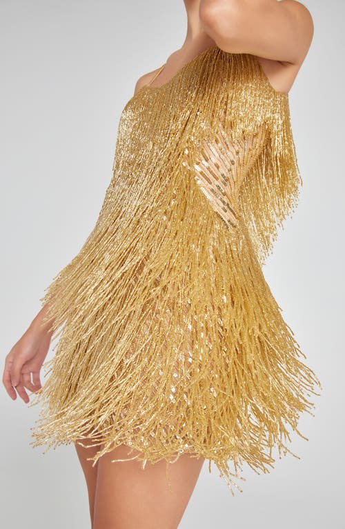 Nadine Merabi Tammy Gold Beaded Fringe Cocktail Minidress In Gold