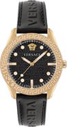 Versace Greca Dome Leather Strap Watch, 42mm