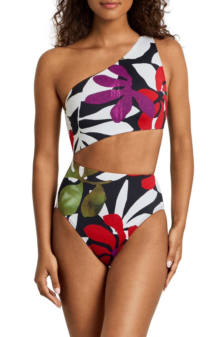 Cutout One-Shoulder One-Piece Swimsuit, Main, color, MULTI WHITE