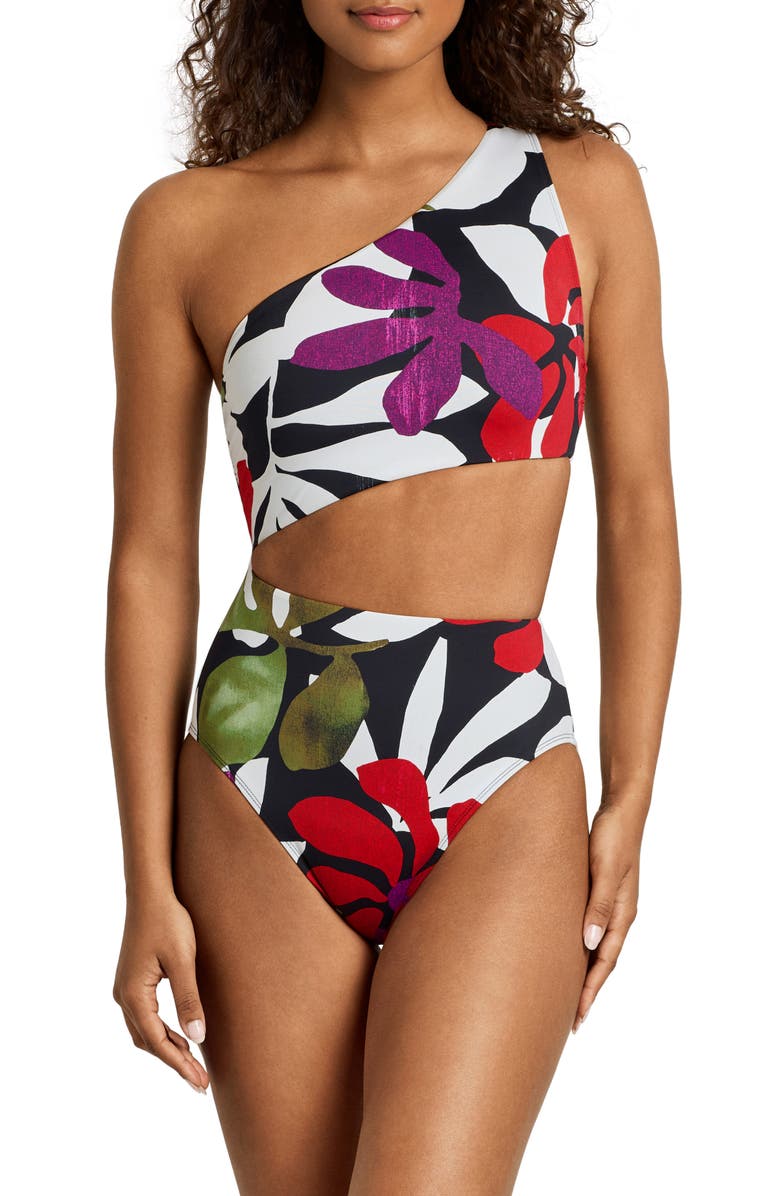 Lauren Ralph Lauren Cutout One-Shoulder One-Piece Swimsuit, Main, color, Multi White