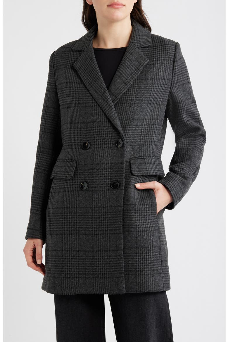 Plaid Double Breasted Coat, Main, color, GREY