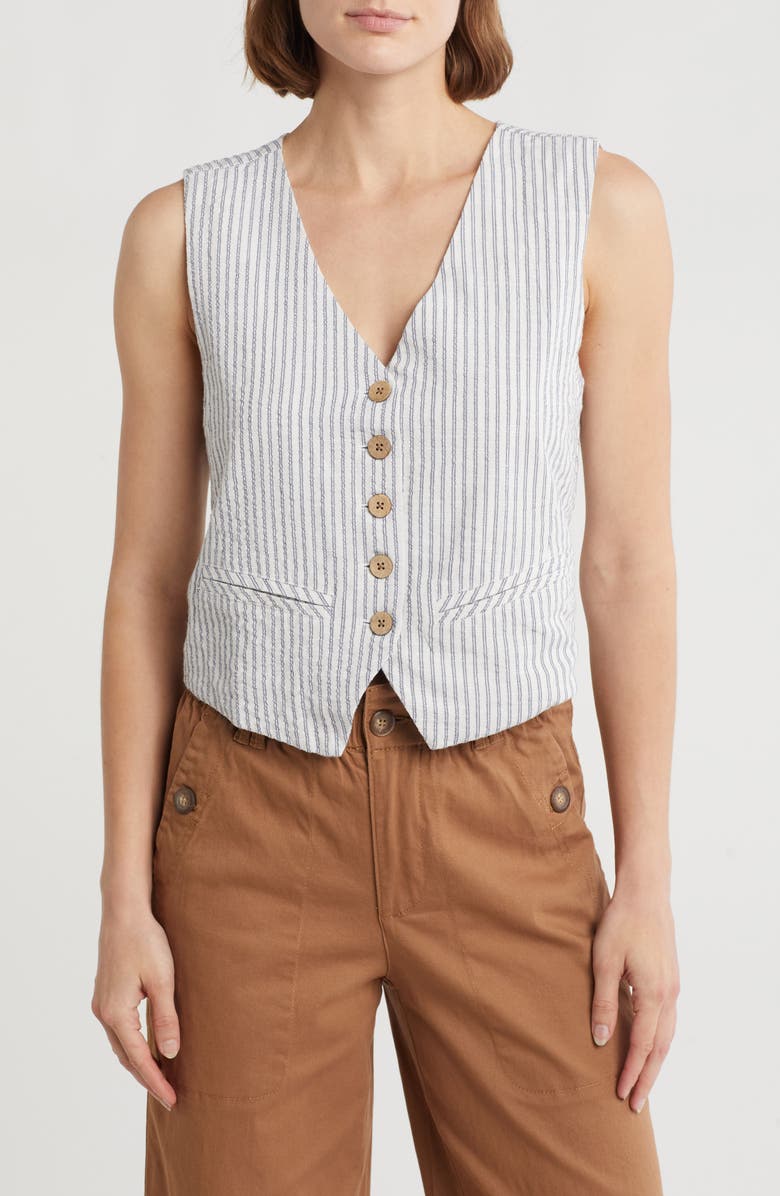 Democracy Button Front Vest, Main, color, White/ Blue