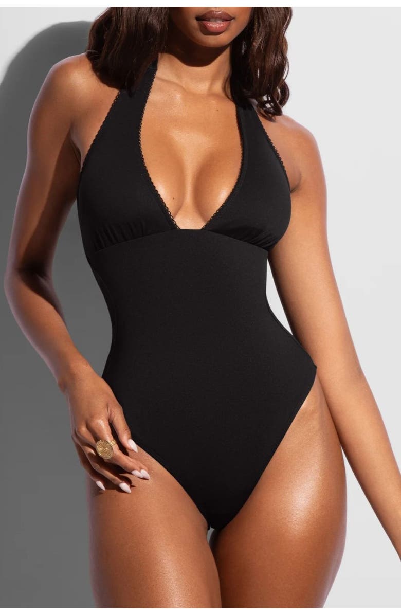 TA3 Mega Sculpting Plunge Halter One-Piece Swimsuit, Main, color, Picot Black